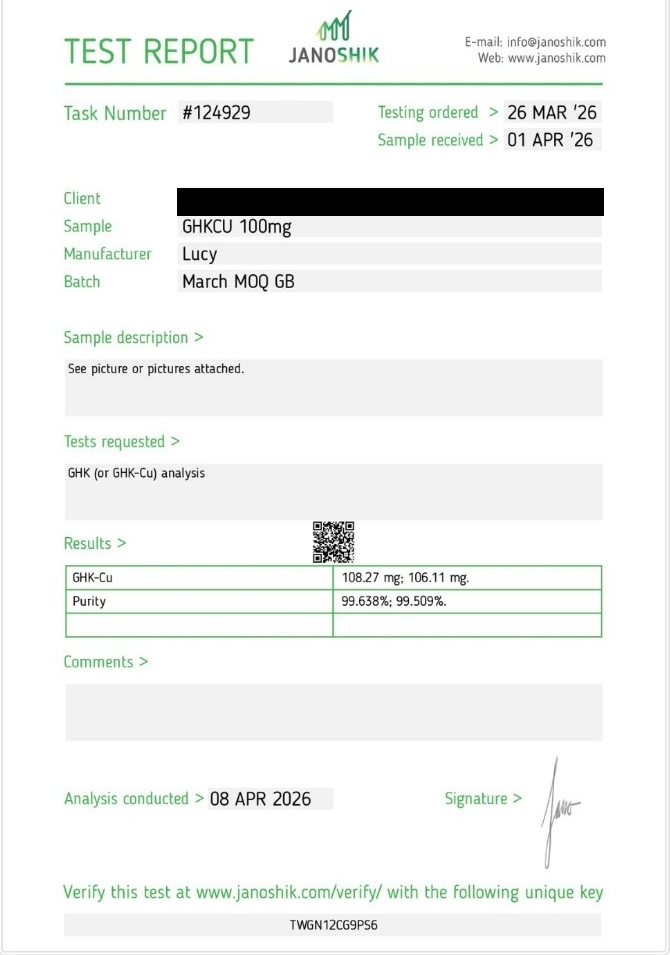 GHK-Cu 100 mg · Content and purity privacy-redacted report