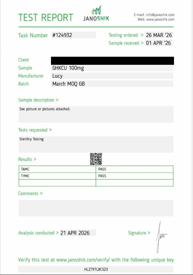 GHK-Cu 100 mg · Sterility privacy-redacted report