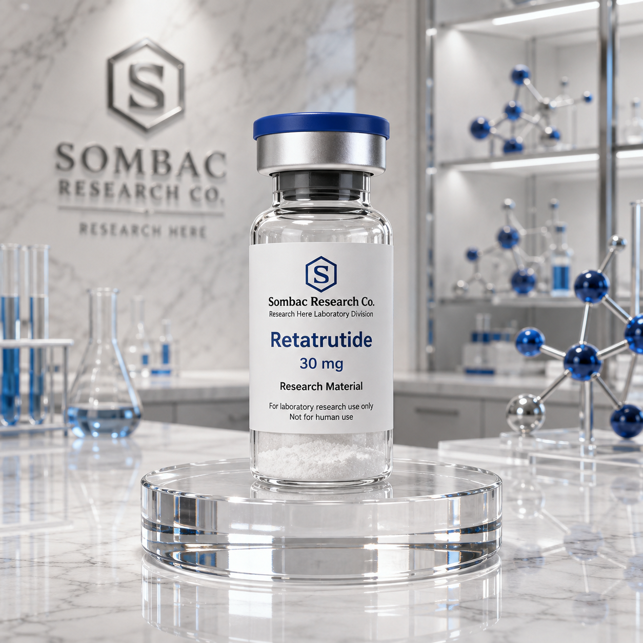 Sombac Research Co. Retatrutide 30 mg research material vial in a laboratory setting